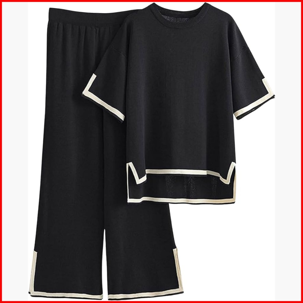 2-Piece Knit Lounge Set Short Sleeve Pullover Wide Leg Pants